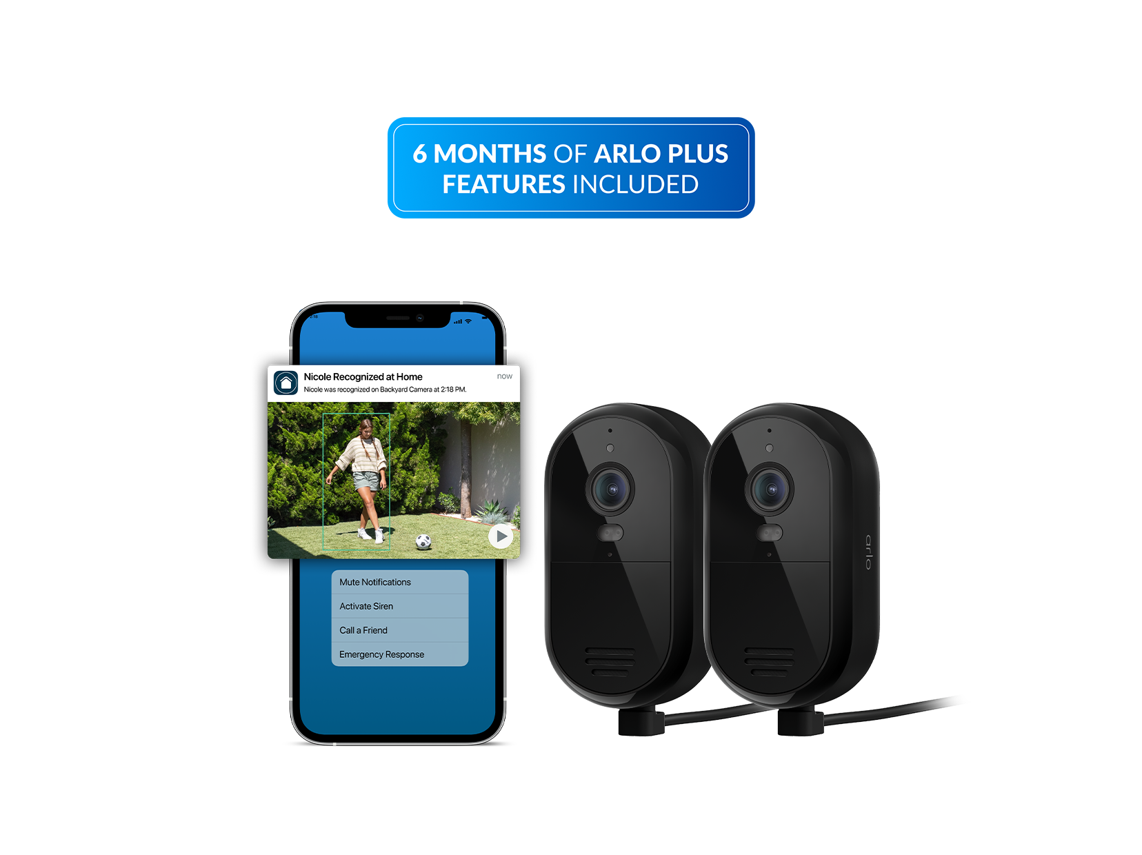 Essential Plug-in 2 Camera Kit in black with the Arlo Secure app on a phone