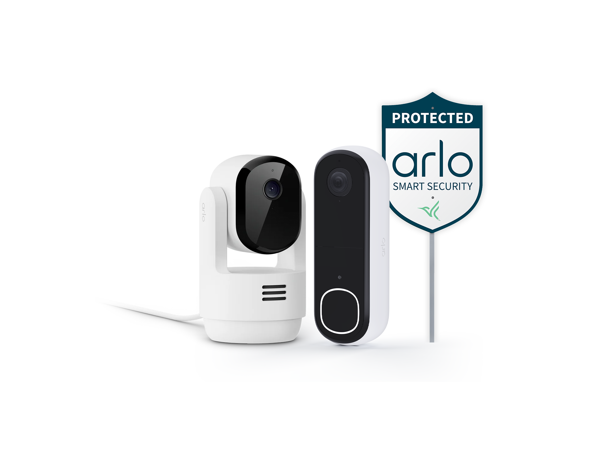 Arlo Video Doorbell, Arlo Essential Pan Tilt Indoor Camera, and Arlo Security Yard Sign