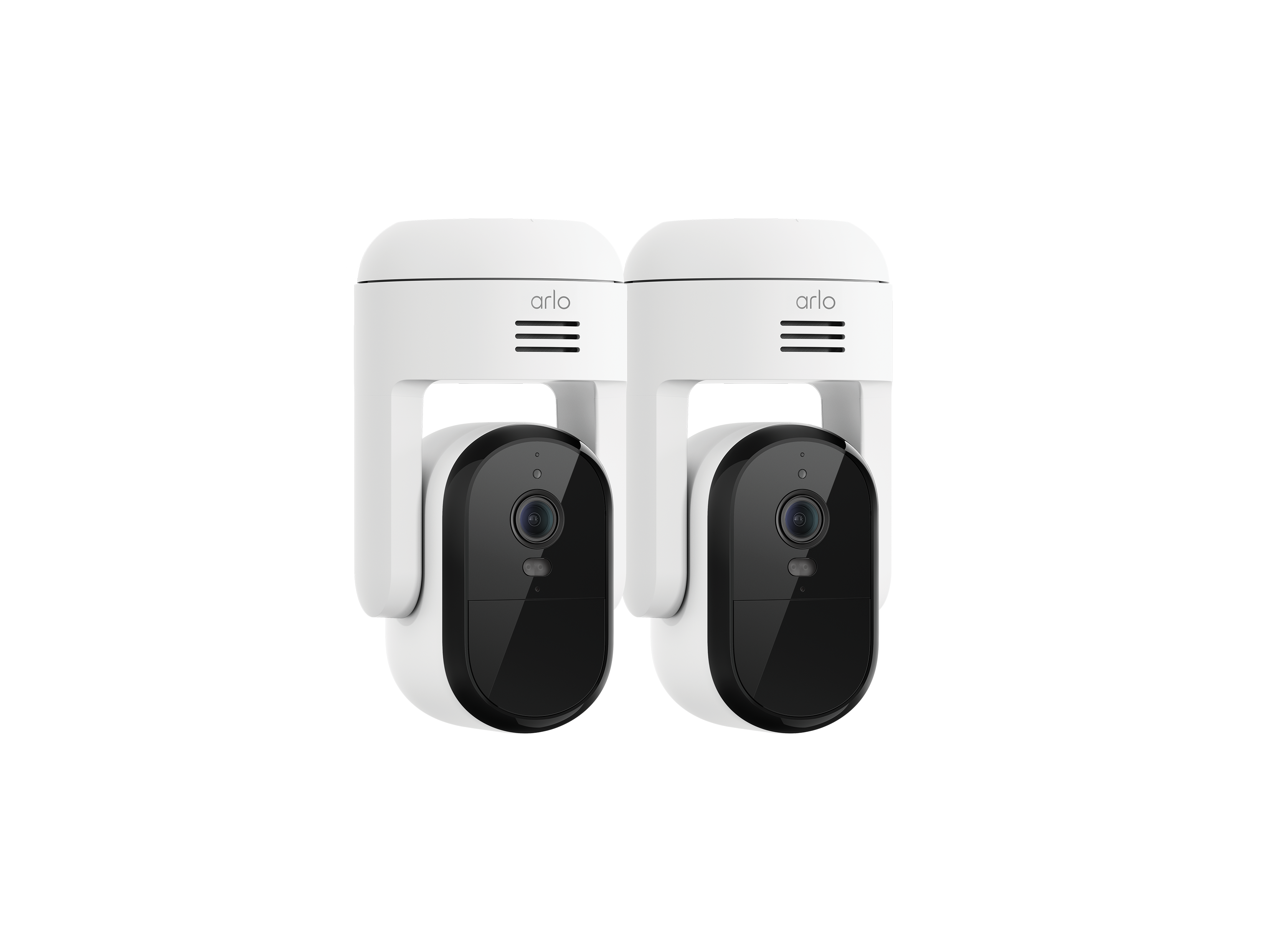 Arlo Essential Pan Tilt 2 Camera Kit in white facing right