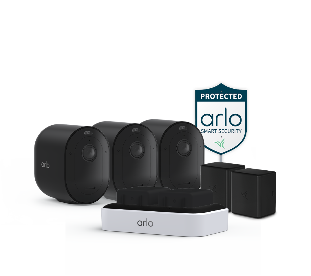 Arlo Pro 6 3 camera kit with dual charging station, two rechargeable batteries, and an Arlo Security Yard Sign