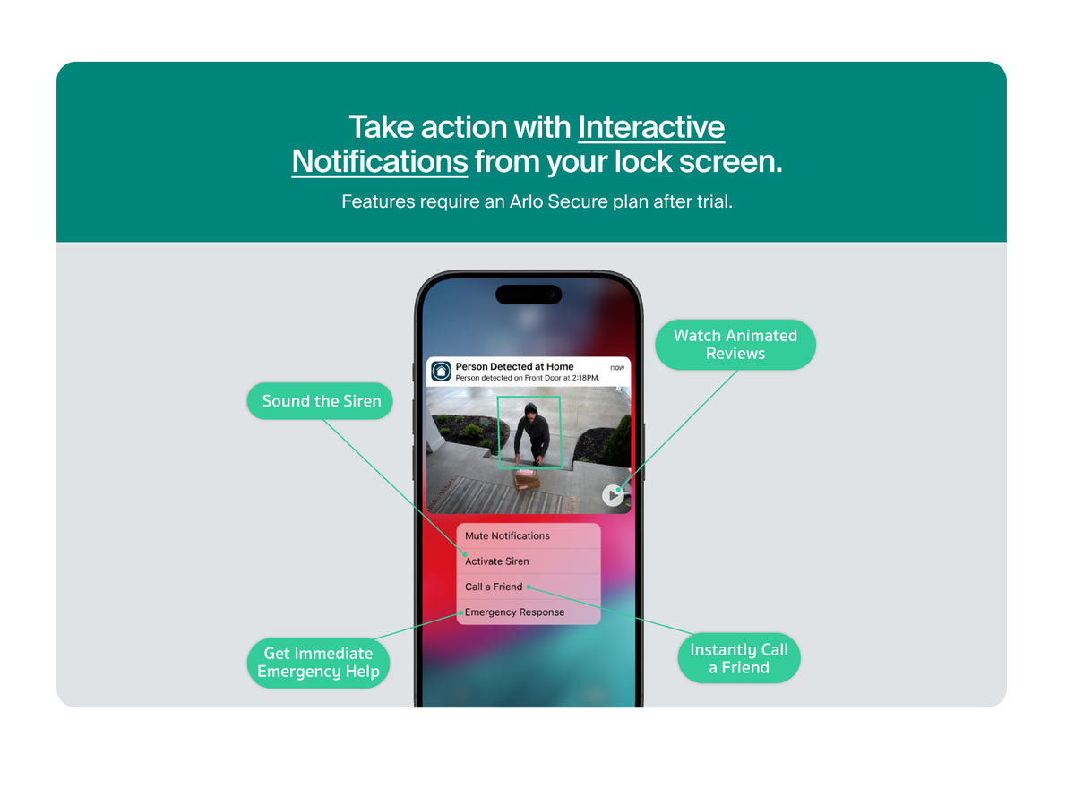 Arlo Secure app interface with interactive notifications on a smartphone screen.