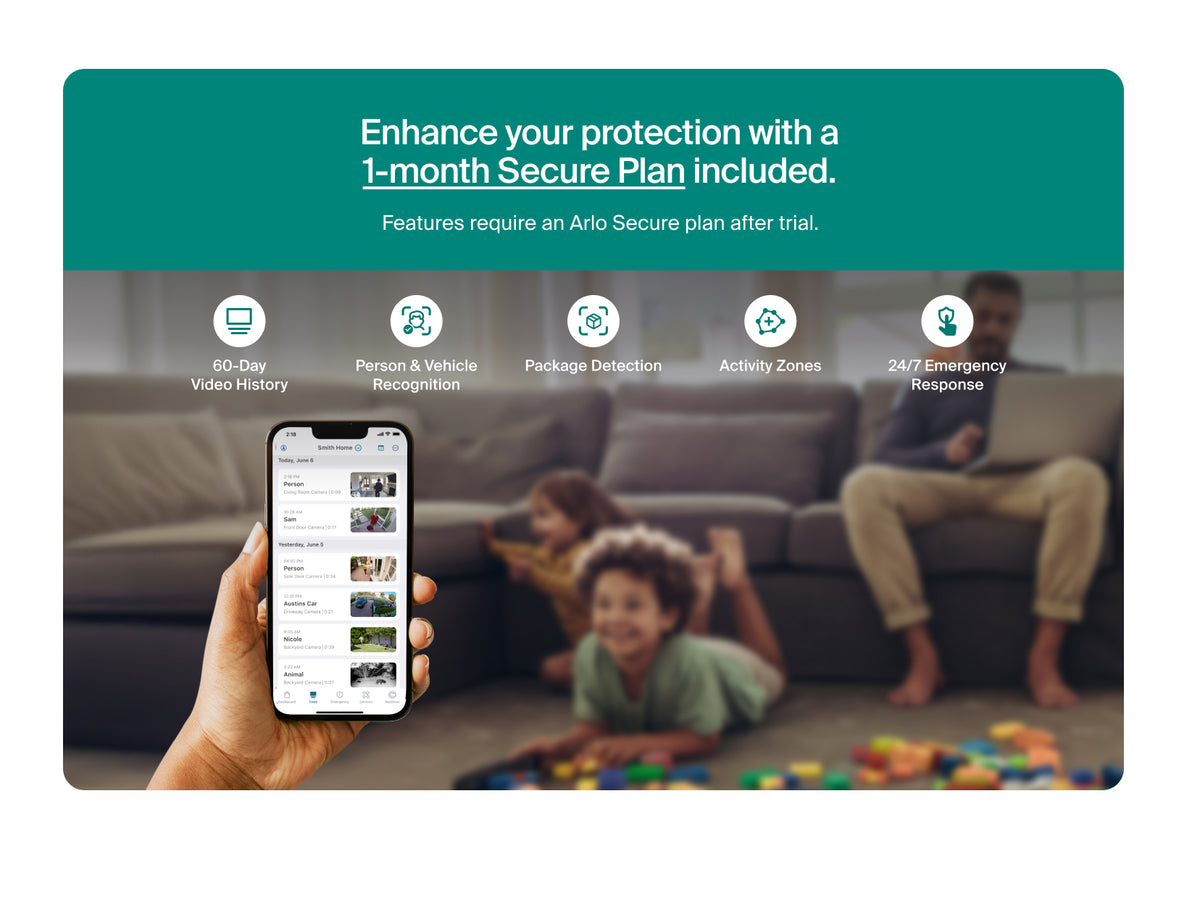 Advertisement for a Arlo Secure security plan with a family in a living room and a hand holding a smartphone.