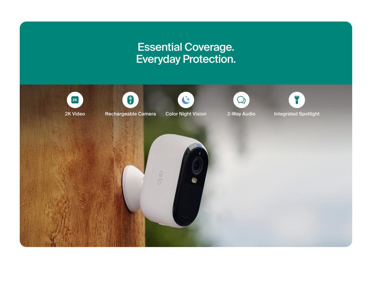 Arlo Essential Security Camera (3rd Gen) with features listed on a green and gray background