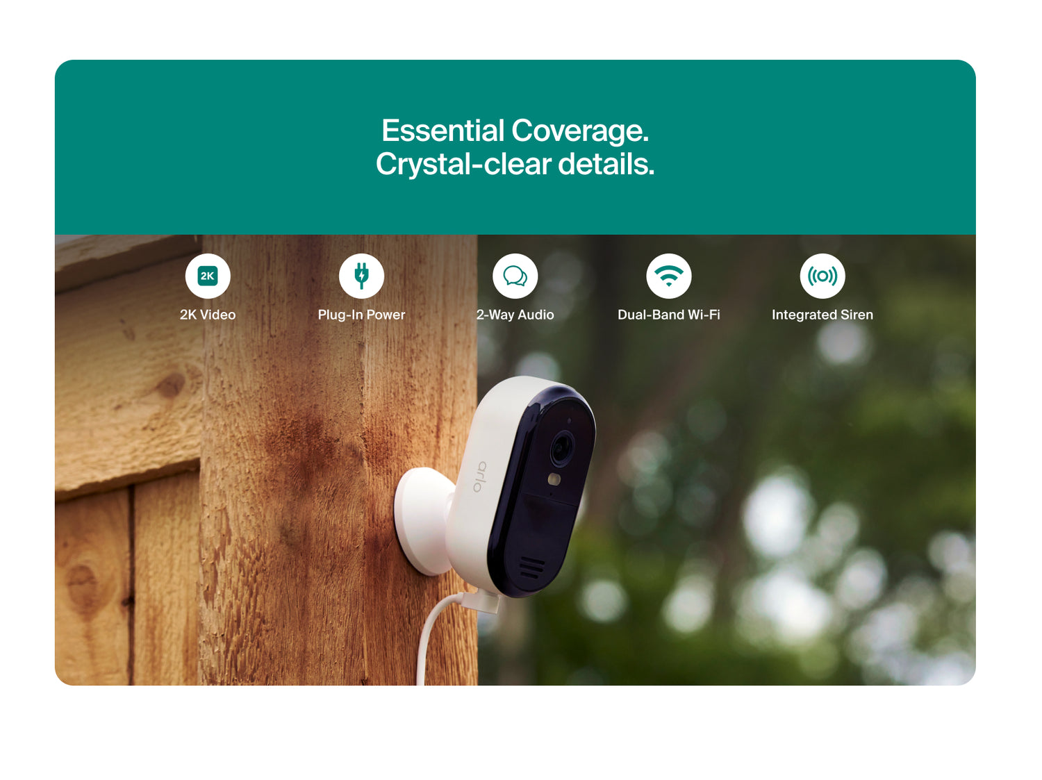 Arlo Essential Plug-In Security Camera mounted on a wooden post with feature icons and text above.