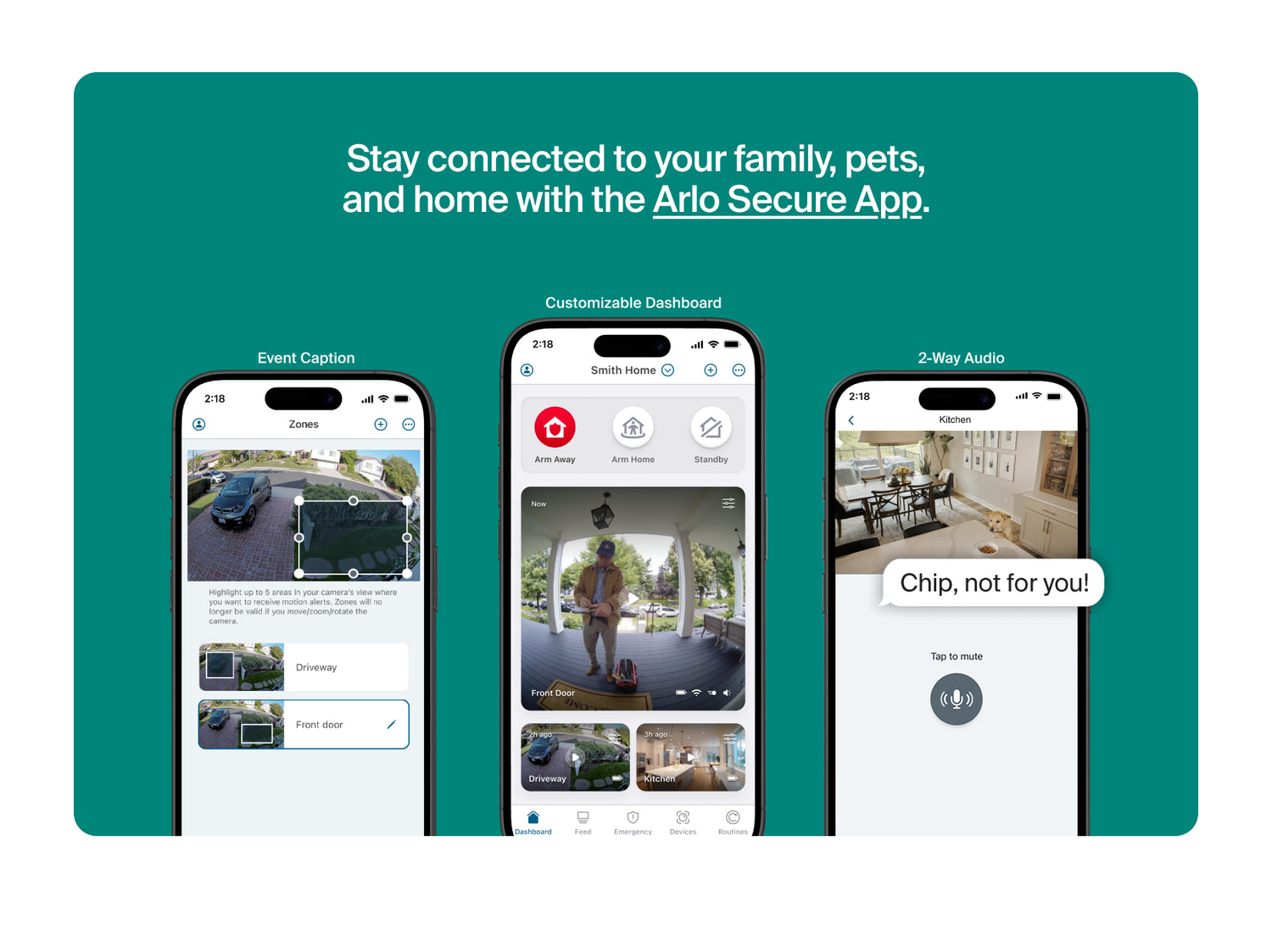 Three smartphone screens showing features of the Arlo Secure App with a green background and text.