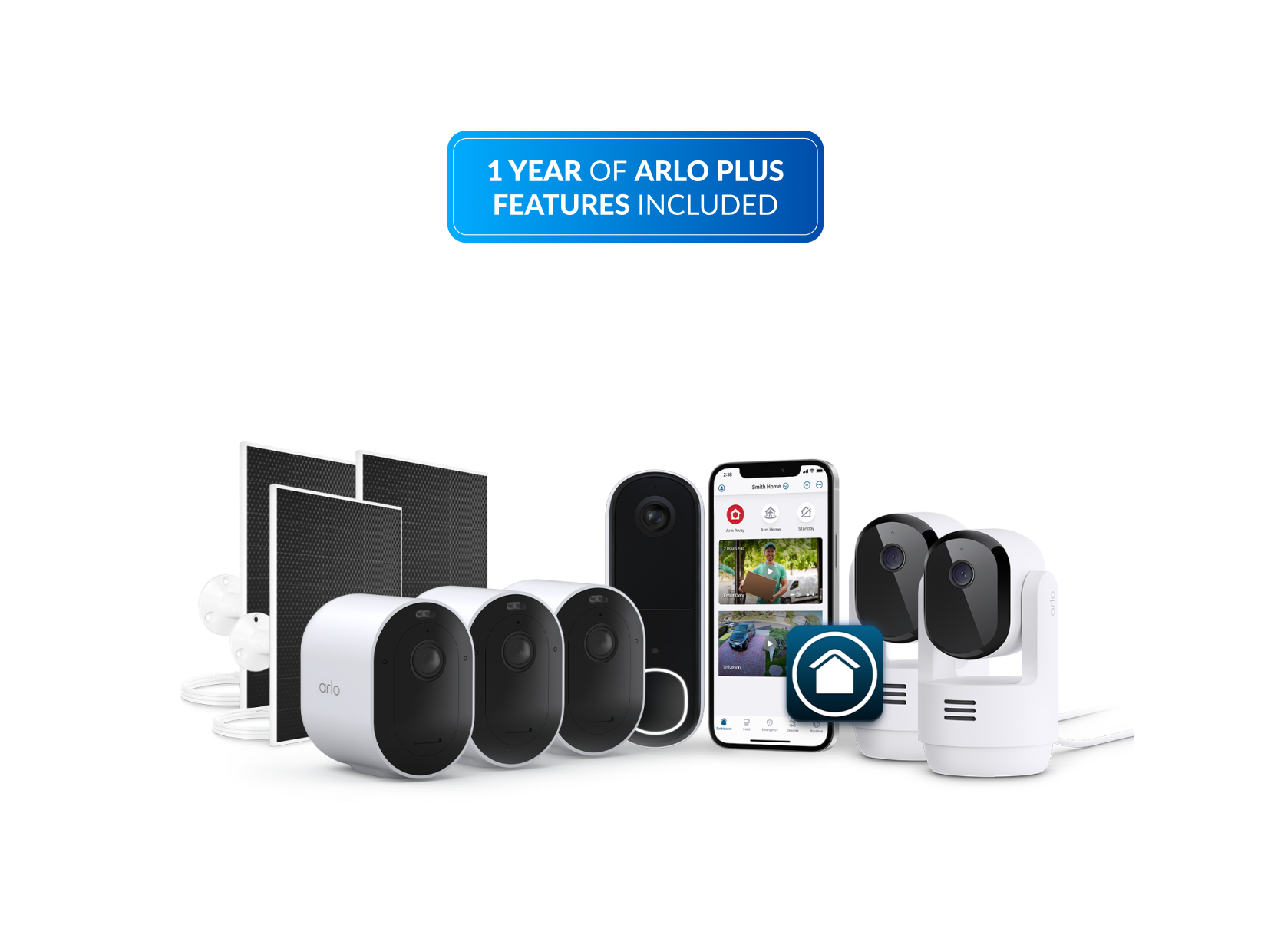 Arlo bundle with Arlo Ultra Security Camera (3rd Gen), Arlo Video Doorbell (2nd Gen), Arlo Essential Pan Tilt Indoor Security Camera, and Arlo Secure app on a white background