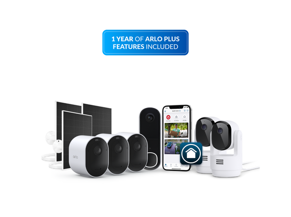 Arlo bundle with Arlo Ultra Security Camera (3rd Gen), Arlo Video Doorbell (2nd Gen), Arlo Essential Pan Tilt Indoor Security Camera, and Arlo Secure app on a white background