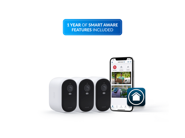 Three Essential XL 2nd Gen security cameras shown alongside a smartphone displaying a live feed and a blue badge that reads '1 YEAR OF SMART AWARE FEATURES INCLUDED' on a white background.