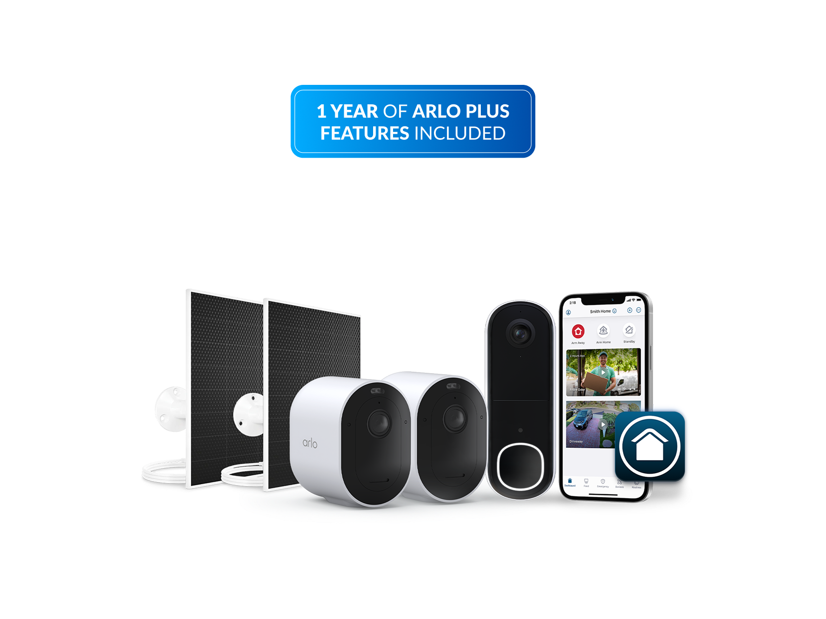 Arlo bundle with Arlo Pro Security Camera (6th Gen), Arlo Video Doorbell (2nd Gen), and Arlo Secure app on a white background