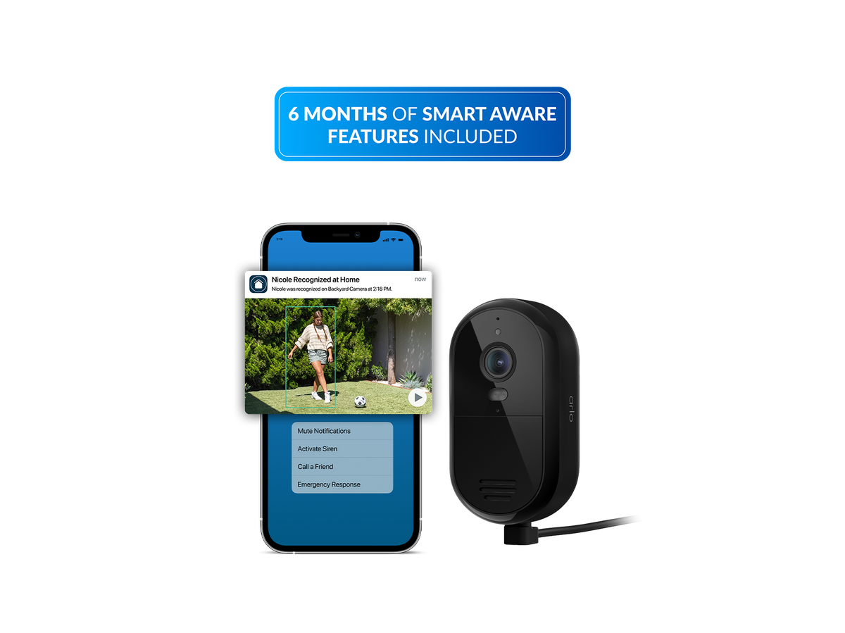 A Essential Plug in security camera shown next to a smartphone displaying a mobile app interface, with a blue banner at the top reading '6 MONTHS OF SMART AWARE FEATURES INCLUDED' on a white background.