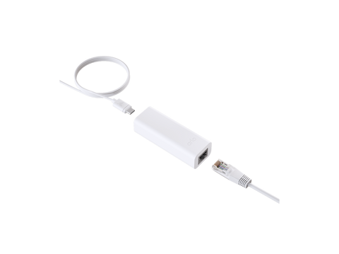 A white Power Over Ethernet adapter