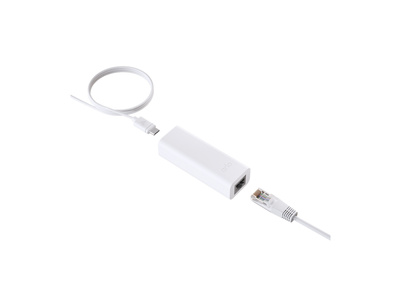 A white Power Over Ethernet adapter