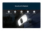 A promotional graphic for a Arlo Wireless Floodlight. The image features a dark navy header with the text 'Security at it's Brightest' and five feature icons for 'Rechargeable Camera', '2K Video', '3000-3000 Lumin', '180° Field of View', and '2-Way Audio'.