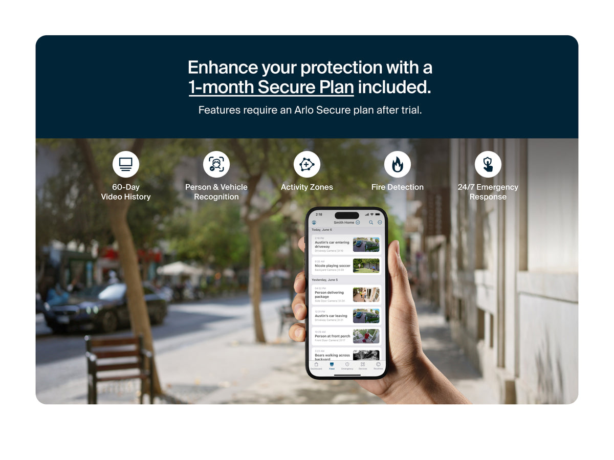 Hand holding a smartphone with Arlo Secure app displayed, featuring a 1-month secure plan offer.