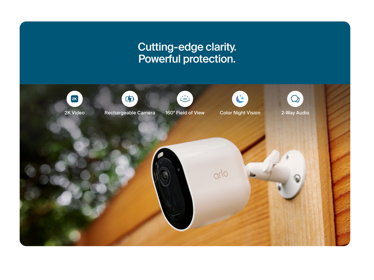 Arlo Pro Security Camera (6th Gen) mounted on a wooden wall, shown with a dark blue banner above featuring product feature icons and text.