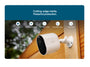 Arlo Pro Security Camera (6th Gen) mounted on a wooden wall, shown with a dark blue banner above featuring product feature icons and text.