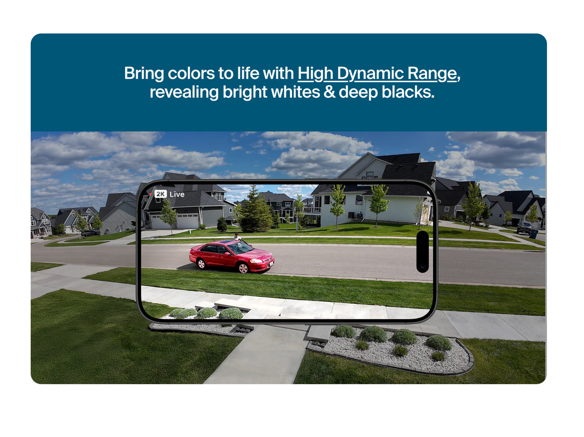 A promotional graphic showing a phone mockup over a suburban street scene with a red car. Text at the top reads, 'Bring colors to life with High Dynamic Range, revealing bright whites & deep blacks.