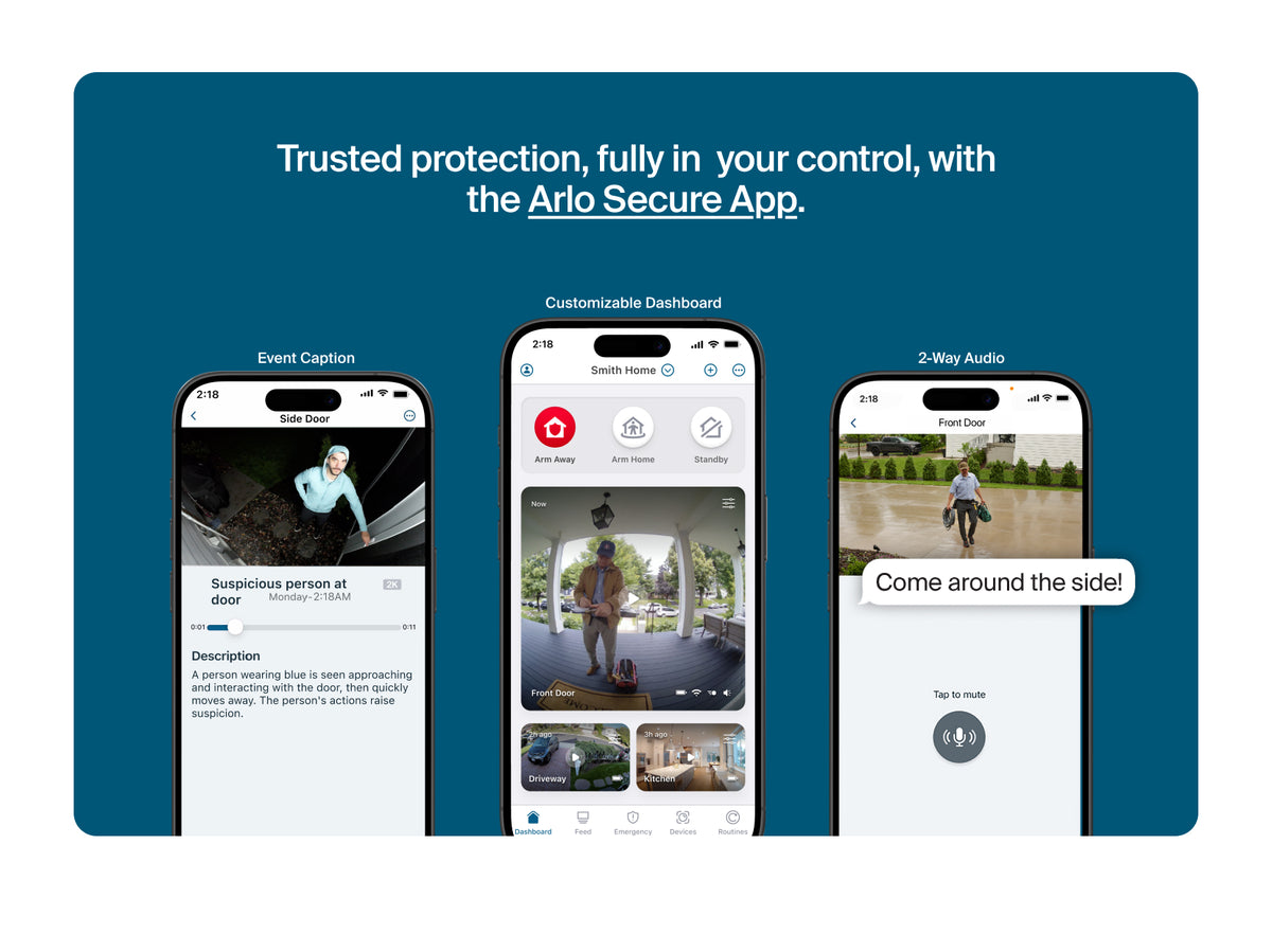 Promotional graphic for the Arlo Secure App showing three smartphone screens on a dark blue background with the headline, 'Trusted protection, fully in your control, with the Arlo Secure App.'.