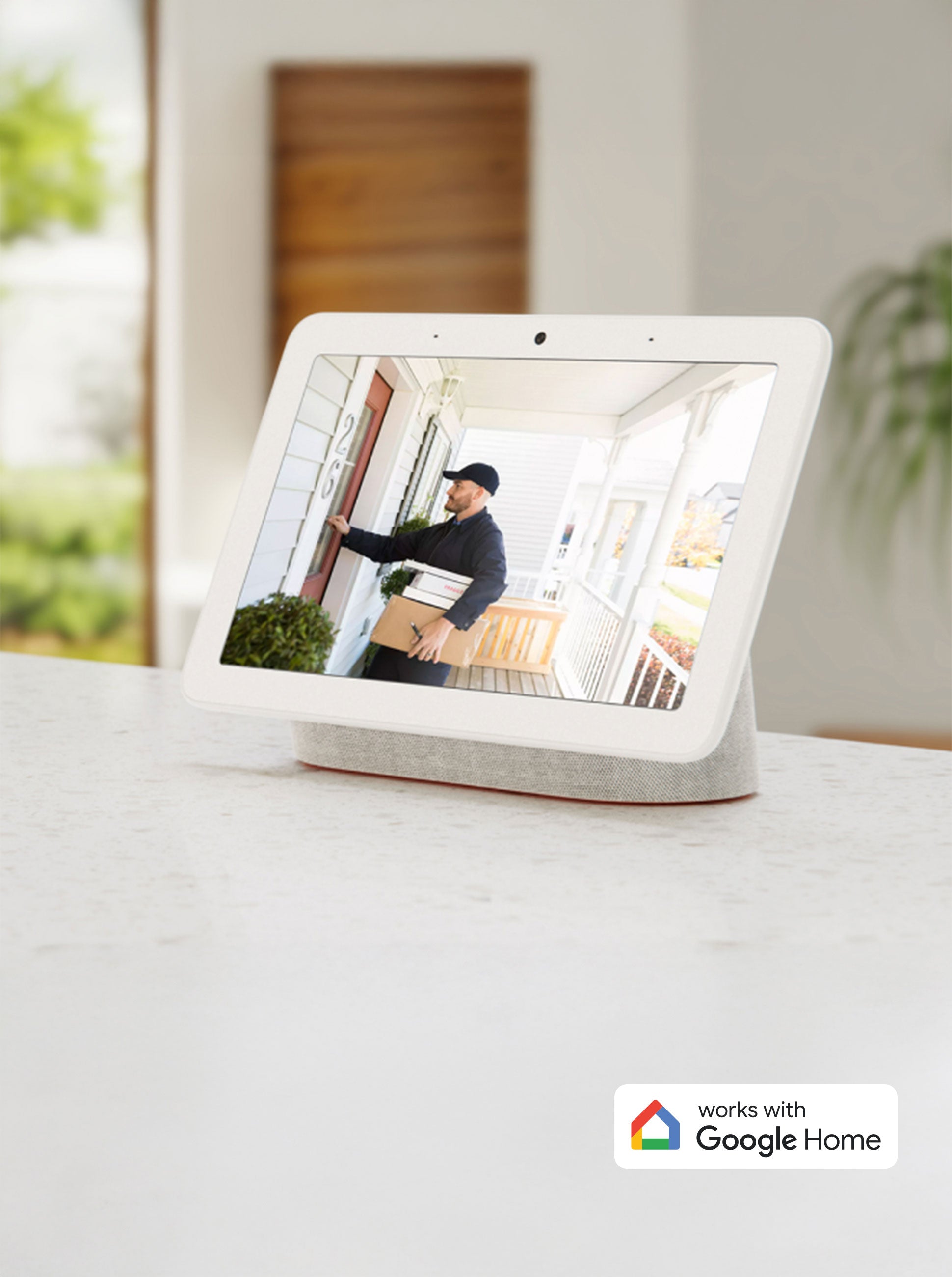 A tablet device screen displays a live feed from an Arlo security camera, showing a delivery person holding packages and knocking on the front door. The camera is compatible and pairs with Google Home smart devices for convenient visual & voice control.